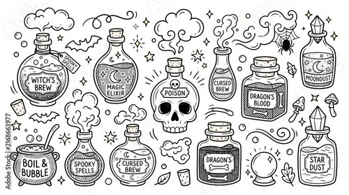 Witchcraft potion bottles doodle set, magic elixir and poison skull vector icons, spooky Halloween line art elements