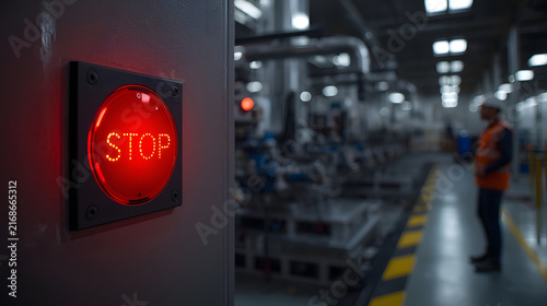 Emergency Stop Button in Industrial Facility: A bright red STOP button glows ominously on a control panel, signaling an immediate halt within a vast, automated industrial facility.