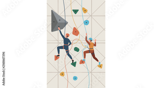 Two climbers ascending an indoor climbing wall with colorful holds and safety ropes.