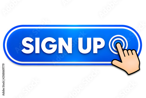 Hand clicking blue sign up button on digital interface for online registration or subscription