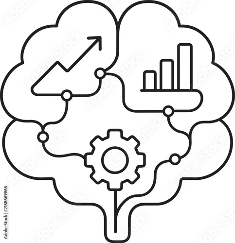 AI brain with growth chart and gear line art icon vector illustration