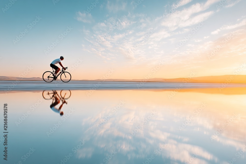 Fototapeta premium Cyclist riding on salt flat desert with perfect sky reflection in water surface. Concept professional extreme sports event poster, copy space background for freedom or motivation