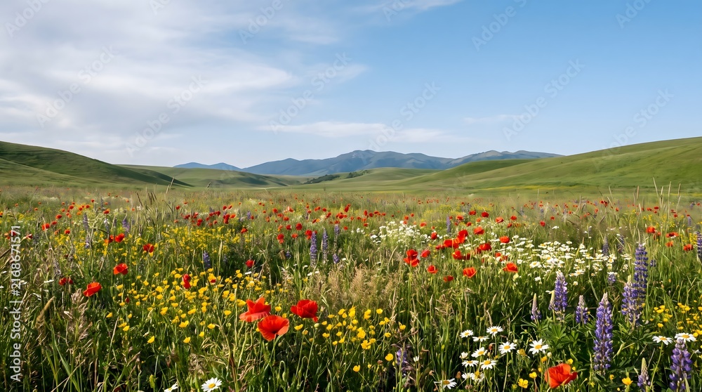 Obraz premium Meadow landscape blooming with colorful wildflowers under blue sky