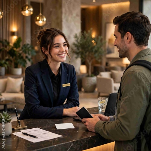 Receptionist Amy Smiling While Assisting Guest With Hotel Check In