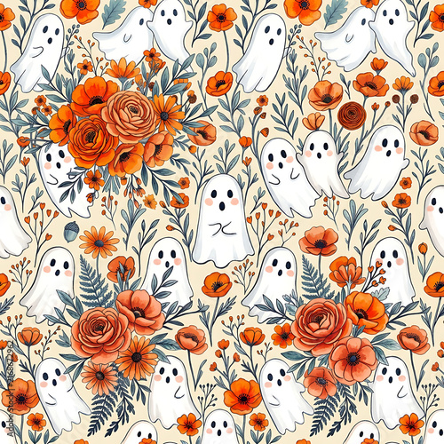 Autumn Orange Poppies and Cute White Ghosts Botanical Watercolor Halloween Seamless Pattern