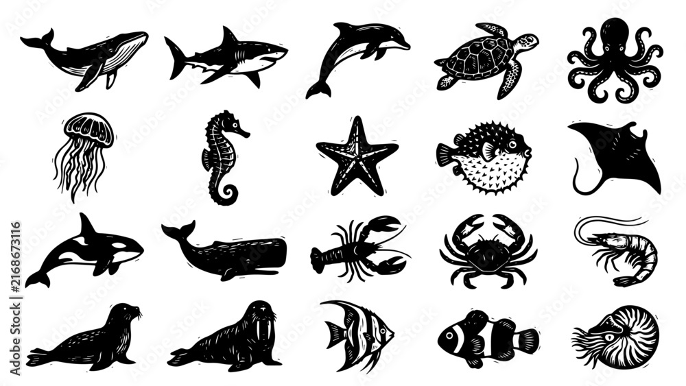 Obraz premium Vector icon set of marine life, sea creatures. Vector set.