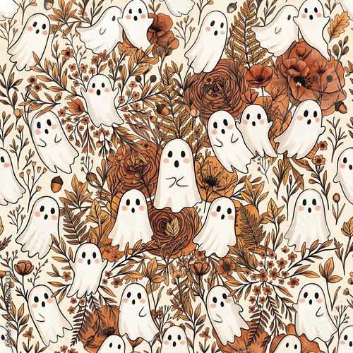Vintage Botanical Autumn Leaves and Cute Little Ghosts Sepia Tone Halloween Seamless Pattern