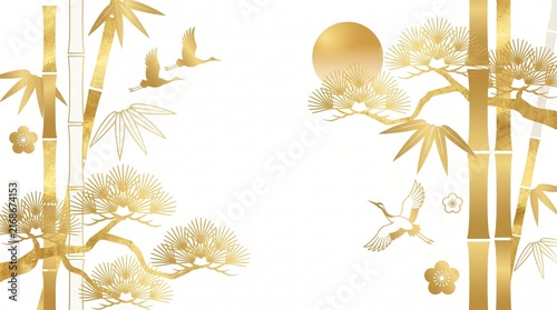 golden japanese new year background with pine tree branches, bamboo stalks, flying cranes, and sun on white. traditional asian art. banner, website header with copyspace.