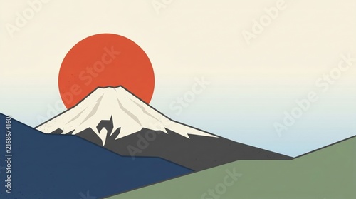 minimalist illustration of mount fuji with red rising sun and snow peak in traditional japanese style. travel landscape. banner, website header with copyspace.