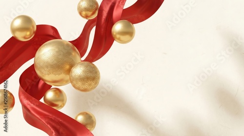 3d rendering of luxury red silk ribbon and floating golden spheres with asian patterns on cream background. lunar new year festive concept. website header, banner with copyspace.