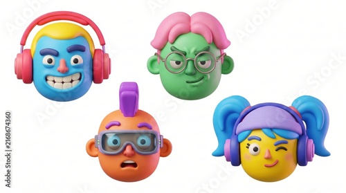 3d clay avatar heads with colorful hair, headphones, glasses and funny facial expressions against white background. creative emoji profile set. website header, banner design.