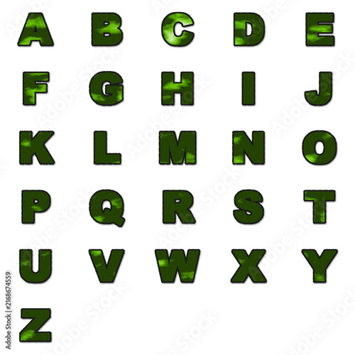 A complete set of green alphabet letters arranged in grid formation on transparent background characters typography font lime acid symbols uppercase arrangement