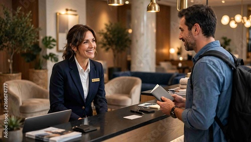 Hotel Receptionist Emma Warmly Greeting Guest at Check In Desk