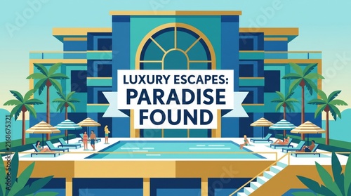 illustration of luxury hotel resort with swimming pool, palm trees, and relaxing people. summer vacation getaway concept. travel destination. banner, website header, poster with copyspace.