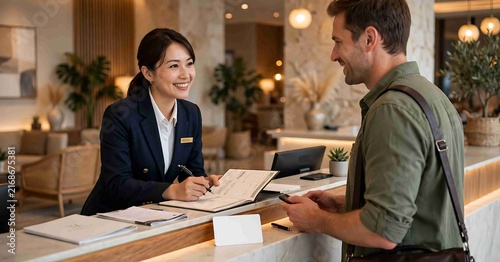 Hotel Receptionist Lena Assisting Smiling Guest During Check In