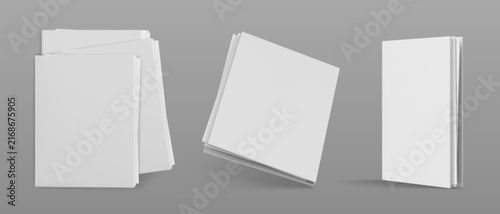 Realistic set of white folder mockups with paper documents inside. Vector illustration of clean blank 3d template for company brochure, catalog or office file presentation, corporate branding layout