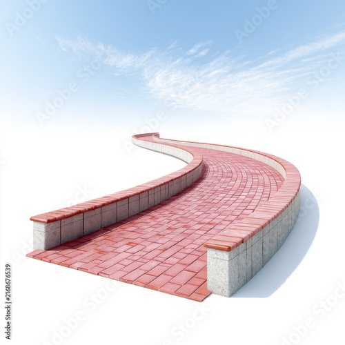 Curved Pathway with Red Bricks and Gray Edging Under Clear Blue Sky