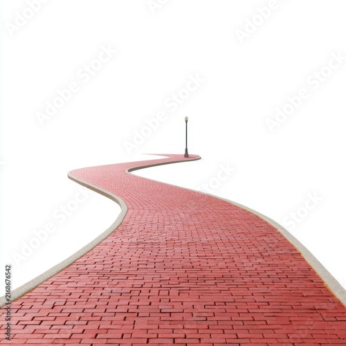 Winding Red Brick Pathway Under a Street Lamp in an Open Space with an Isolated Background