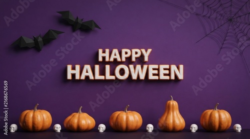 Happy Halloween greeting with pumpkins and bats on a purple background