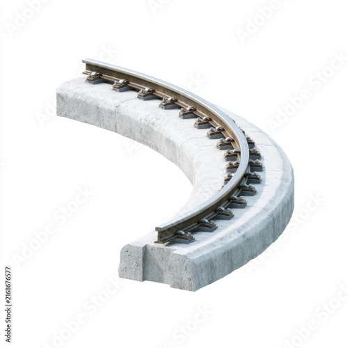 Curved railway track segment with concrete support for transportation infrastructure in urban setting
