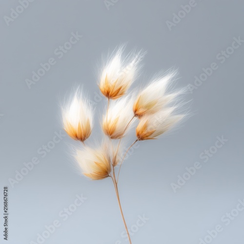 Delicate and Soft Fluffy Plant Stems with Light Brown and Creamy White Fuzz Against a Minimalist Gray Background