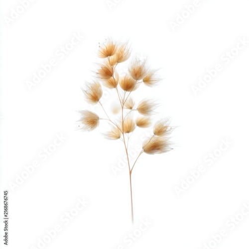 Delicate Golden Plant Stalk with Fluffy Seed Heads on a White Background for Minimalist Interior Decoration