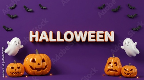 Halloween greeting banner with pumpkins ghosts and bats on purple background
