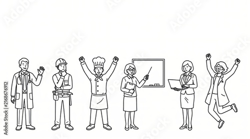 outline illustration of diverse professions including doctor, builder, chef, teacher, businesswoman and scientist. career and labor concept. website header, banner with copyspace.