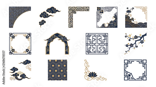 Collection of traditional Chinese style decorative elements and frames for graphic design.
