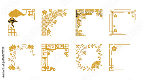 Set of golden decorative Chinese style corner frames with floral and geometric patterns.