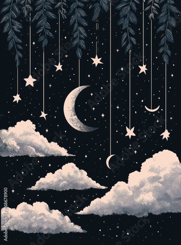 Dreamy night sky with hanging stars, crescent moons, and soft clouds
