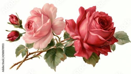 Delicate pink and deep red roses with buds and leaves on a white background