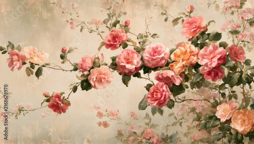 Delicate vintage floral tapestry depicting rambling roses in bloom