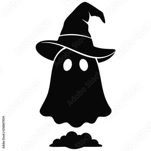 Cute ghost silhouette wearing witch hat vector illustration for halloween decorations.