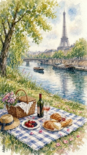 Romantic Paris Picnic by Seine with Eiffel Tower View