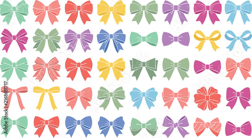 Colorful ribbon bow vector element sheet featuring cute coquette style hand drawn pastel ties isolated on white background