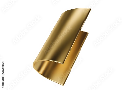 Curved brass paper clip stand for business cards. Executive desk supply and stationery accessory. Golden metallic clamp isolated on white backdrop