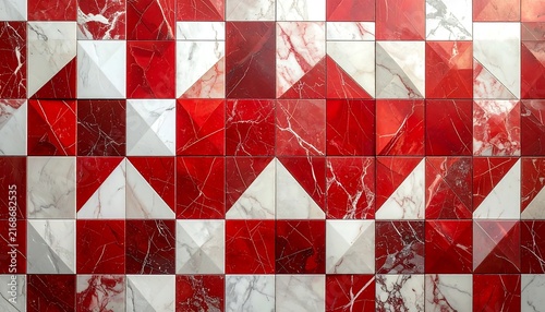 Red and White Marble Geometric Mosaic Tiles Pattern Background with Triangular relief Texture Full Frame