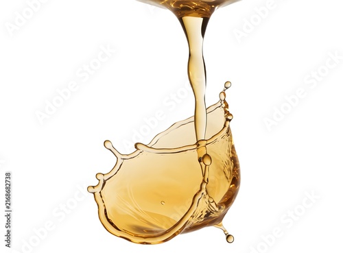 Liquid golden stream pouring into splashing wave. Hydration and purity concept image. Amber oil stream splashing into liquid bowl on white