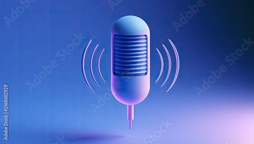 Minimalist 3D rendering of a retro microphone emitting sound waves