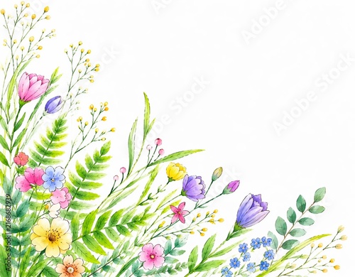Colorful Watercolor Wildflower Border Background with Copy Space