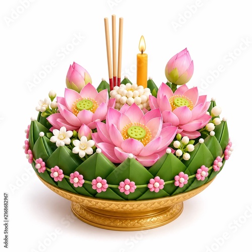 Traditional Thai Lotus Krathong with Candle and Incense on White Background