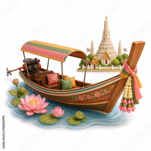 Traditional Thai Long Tail Boat with Temple and Lotus Flowers