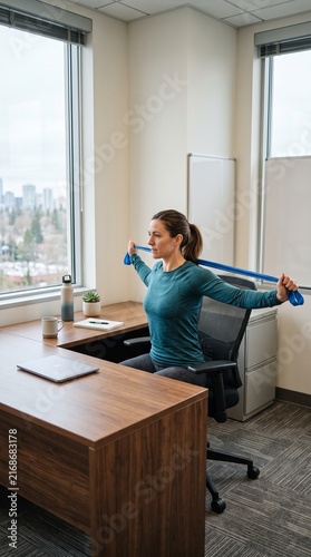 Office Workout: A woman stretches her arms with a resistance band while seated at her desk in a modern office, promoting health and wellness in the workplace.