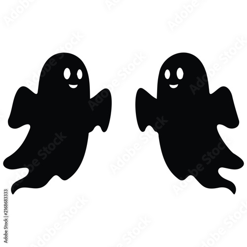 Two cute floating ghosts smiling black silhouettes designed for playful halloween graphics.