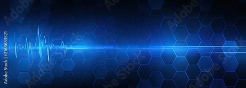 Digital blue abstract background with glowing sound wave and honeycomb pattern