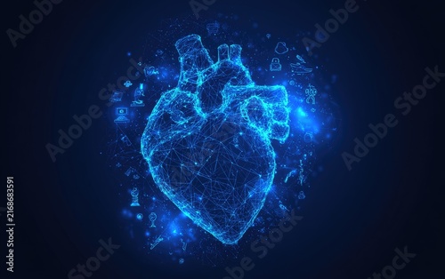 Abstract glowing digital heart structure with medical icons and glowing particles