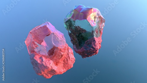 Two iridescent, rough-textured mineral-like objects float against a gradient blue background