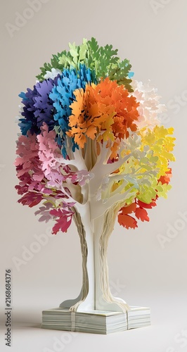 Whimsical paper tree sculpture with vibrant, layered foliage in multiple hues