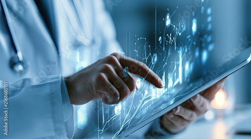 Plakat Doctor using tablet with futuristic medical data interface